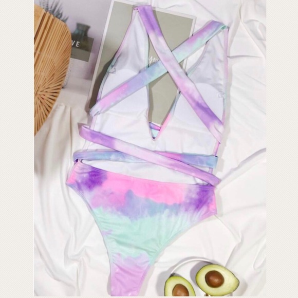 Blue Pink Purple Tie Dye Plunge V Criss Cross Back One Piece Swimsuit New - Picture 3 of 13
